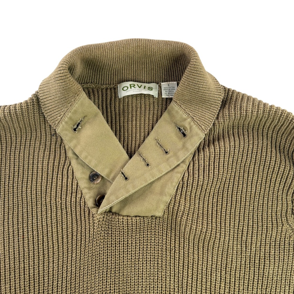 Orvis Sweater Mens Large Military Mechanic Shawl Collar Button Elbow Patch Khaki